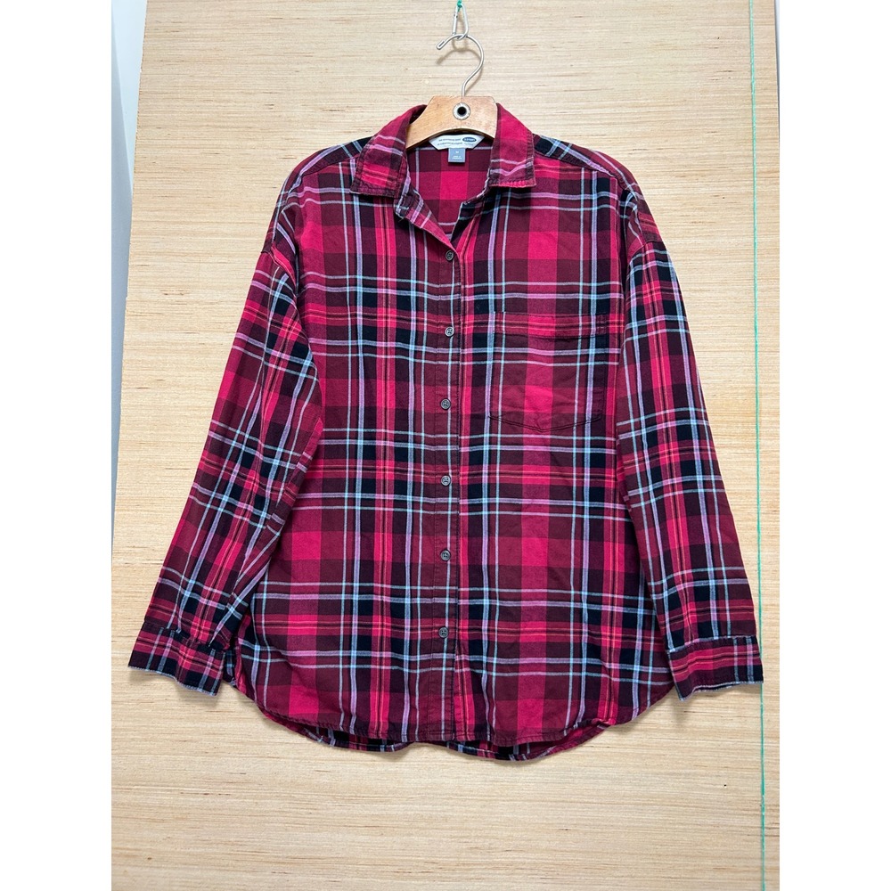 Old Navy The Boyfriend Shirt Womens Medium Red Pink Plaid Button Down Flannel M